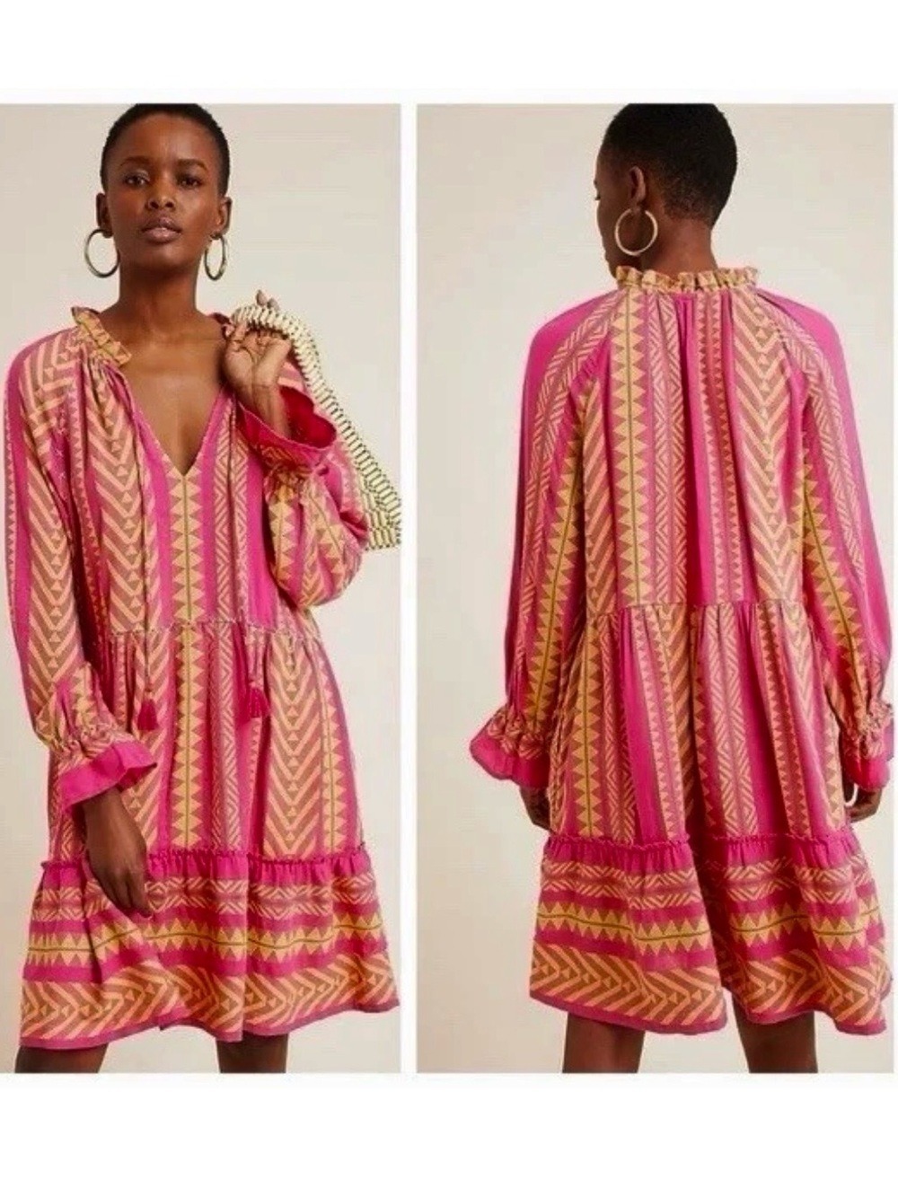 Anthropologie Maeve Dominique Dress Pink Yellow Geo Print Ruffle Pockets small